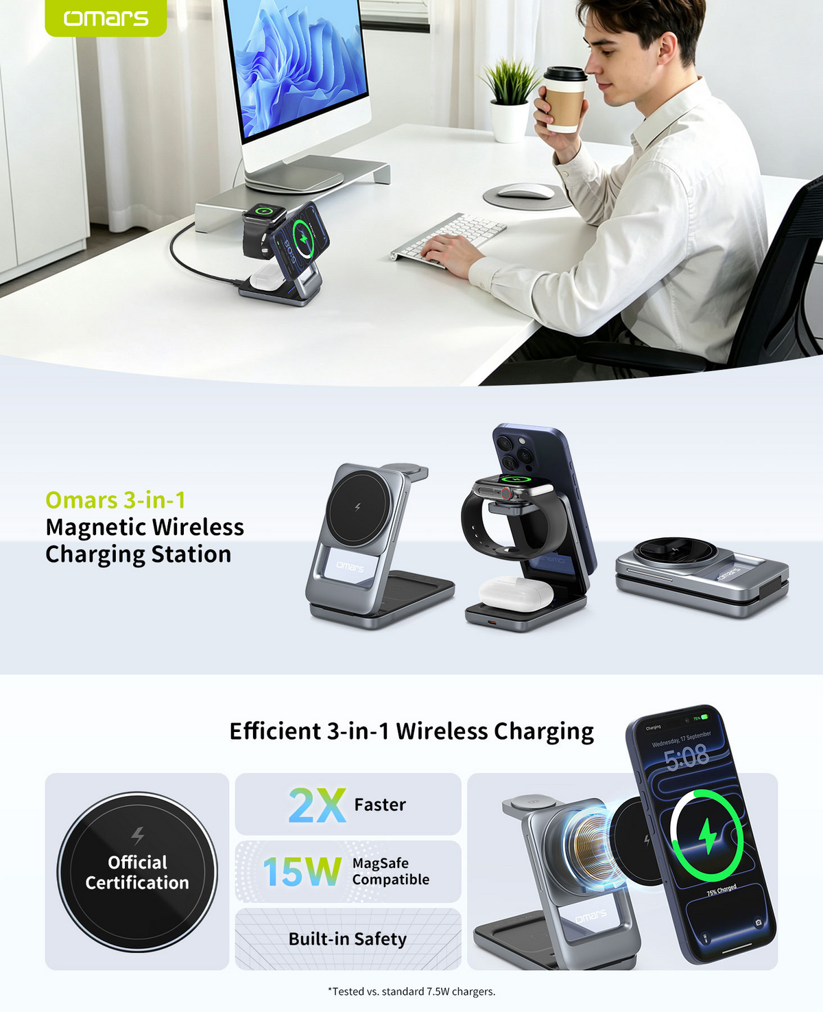 Omars 3-in-1 15W Magnetic Wireless Charging Station