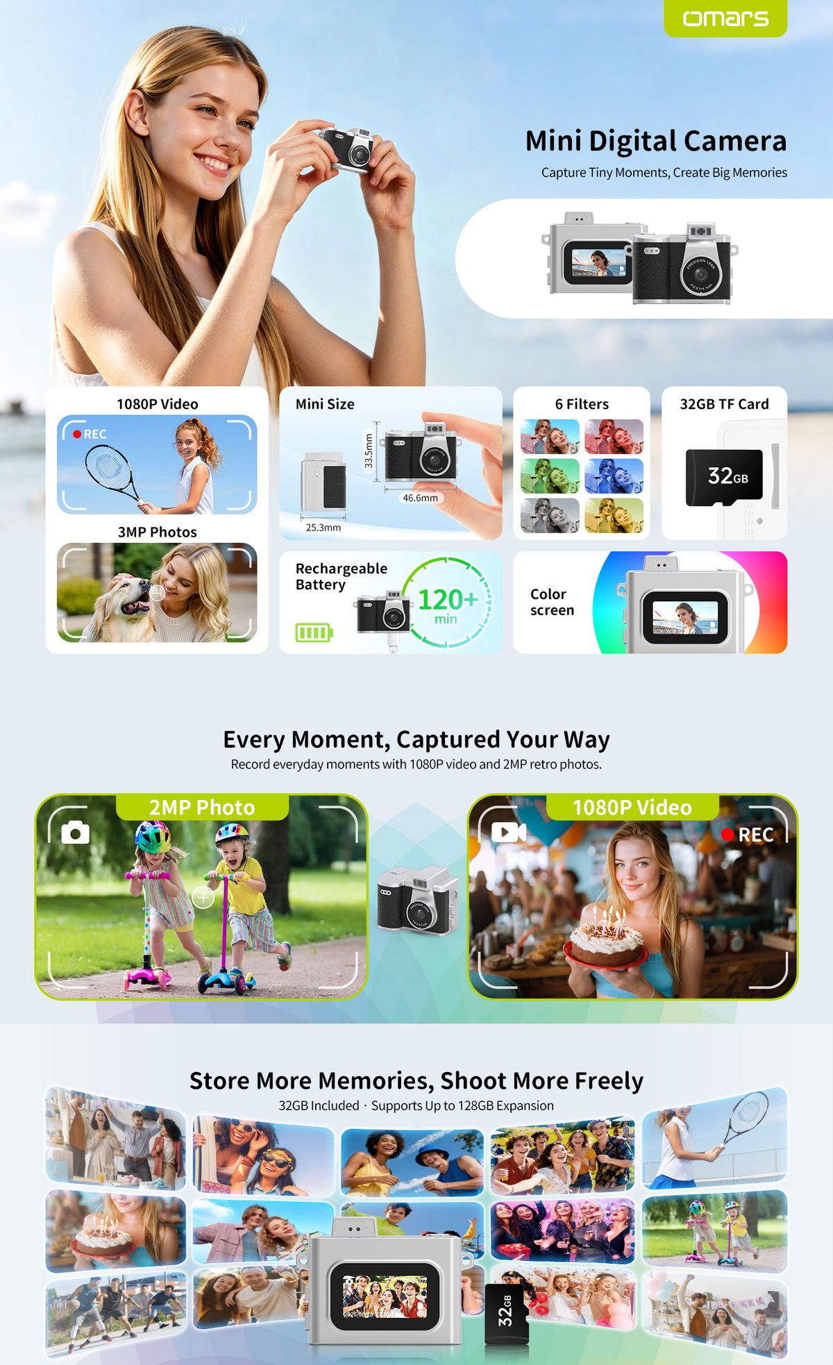 Omars Retro Mini Digital Camera with Color Screen, 32GB Card, 1080P Videos & 2MP Photos