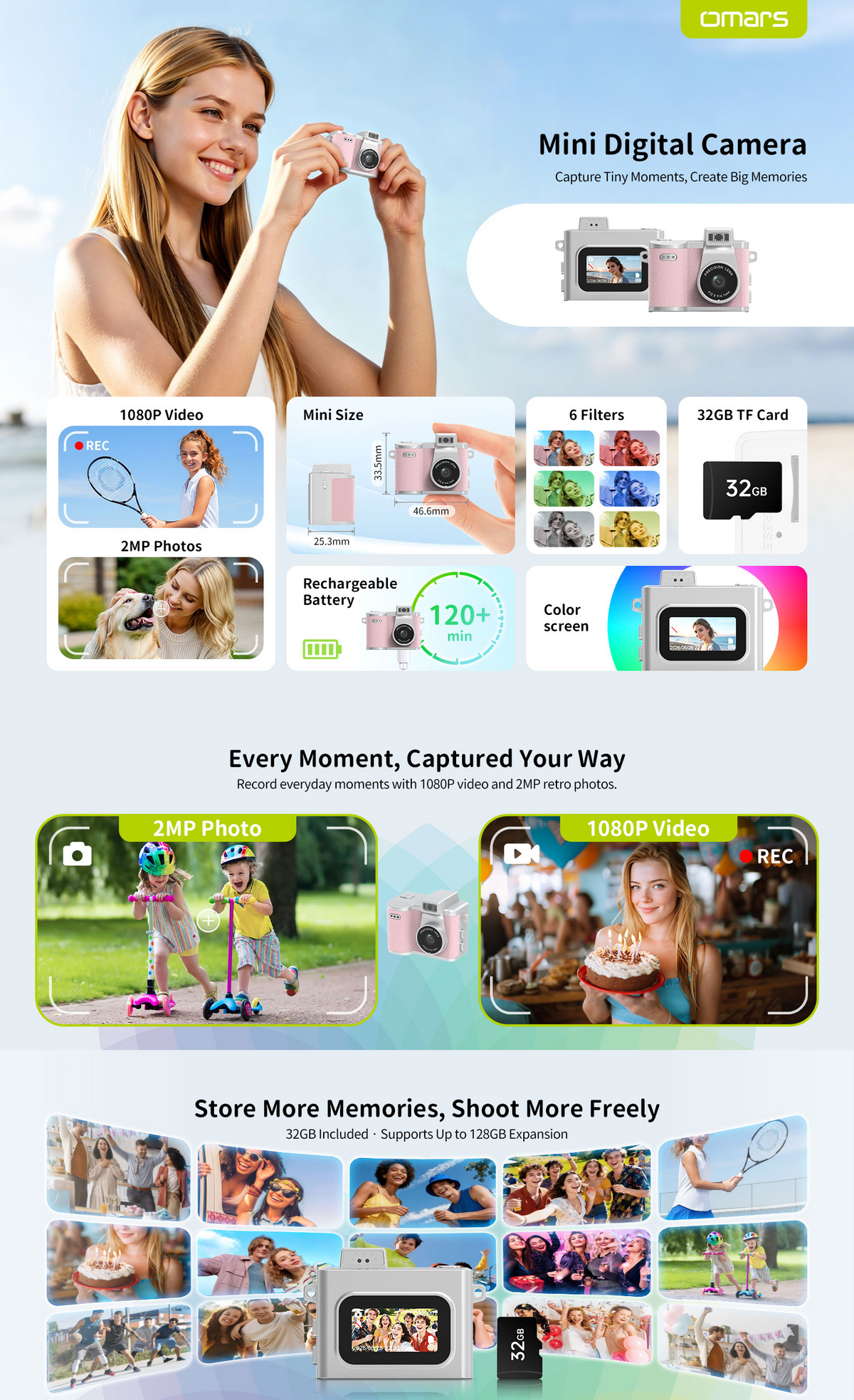 Omars Mini Retro Digital Camera | Pocket Camera with 32GB Card, 1080P Video, 2MP Photos, 6 Retro Filters, LED Flash