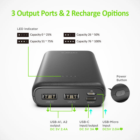 Omars Power Bank 10000mAh Portable Charger USB C & 2 USB A Ports Compact Battery Pack