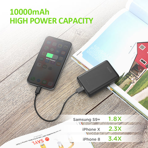 Omars Power Bank 10000mAh Portable Charger USB C & 2 USB A Ports Compact Battery Pack