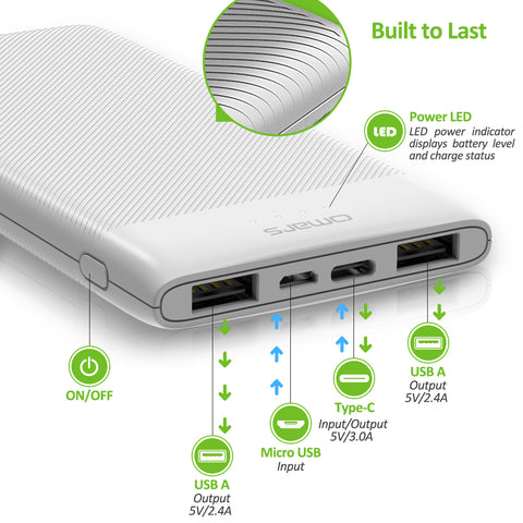 Omars Battery Pack Power Bank 10000mAh USB C Slimline Portable Charger