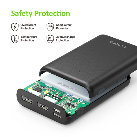 Omars Power Bank 10000mAh Portable Charger USB C & 2 USB A Ports Compact Battery Pack
