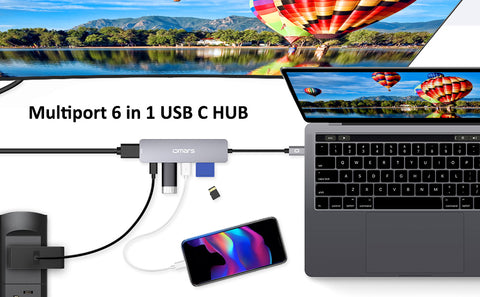 USB C Hub HDMI, USB C Dongle MacBook Pro Adapters with 100W PD, Omars 6 in 1 USB C Adapter