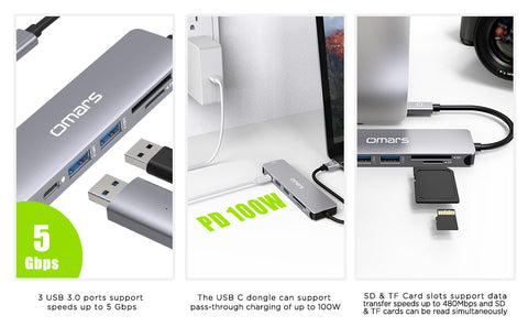USB C Hub HDMI, USB C Dongle MacBook Pro Adapters with 100W PD, Omars 6 in 1 USB C Adapter